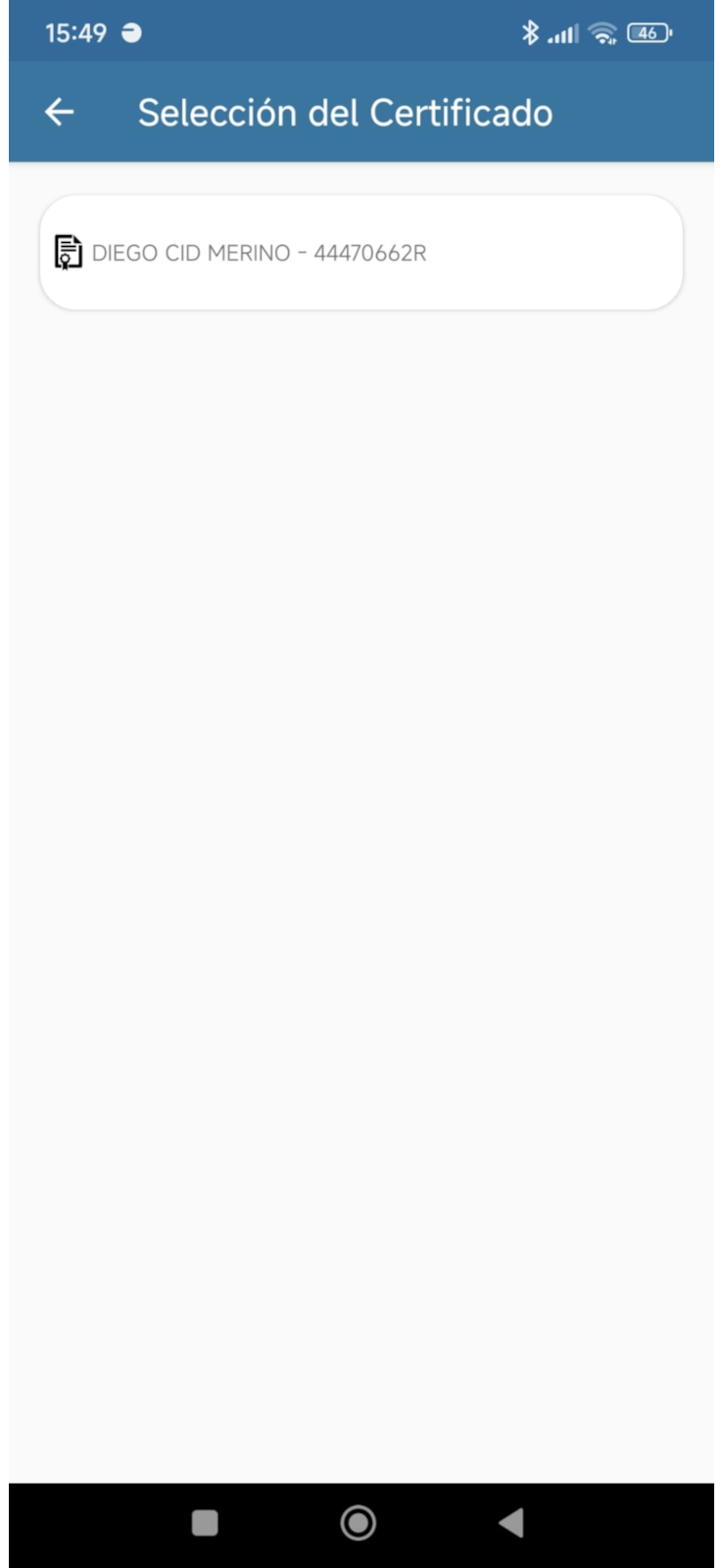 Firma con Certificado Digital - selección del certificado a utilizar - Android